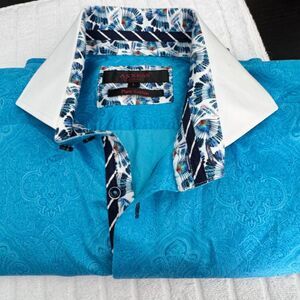 AXXESS Men’s Shirt Large Turquoise Paisley Long Sleeve Button-Up Contrast Collar